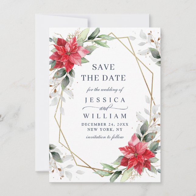 Elegant Poinsettia Eucalyptus Pine Fur Wedding Save The Date (Vorderseite)