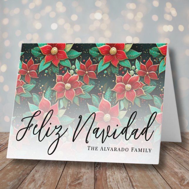 Elegant Poinsettia Feliz Navidad Weihnachten (Elegant Poinsettia Flowers Feliz Navidad Christmas Holiday Card)
