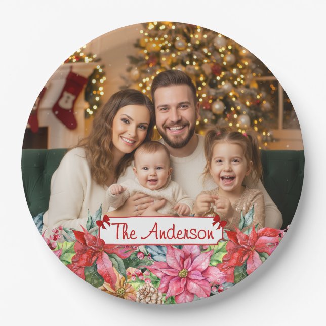 Elegant Poinsettia Floral Border Custom  Pappteller (Vorderseite)