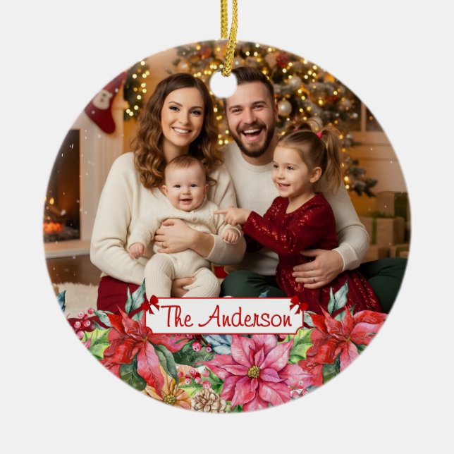 Elegant Poinsettia Floral Border Custom Photo  Keramik Ornament (Vorne)