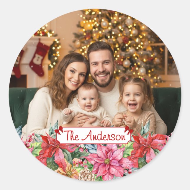 Elegant Poinsettia Floral Border Custom Photo Runder Aufkleber (Vorderseite)