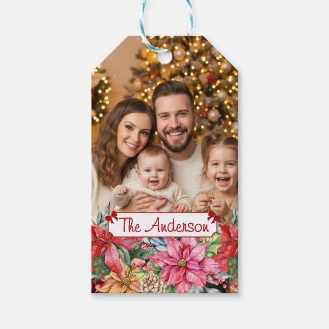 Elegant Poinsettia Floral Border Custom Photos Geschenkanhänger (Vorderseite)