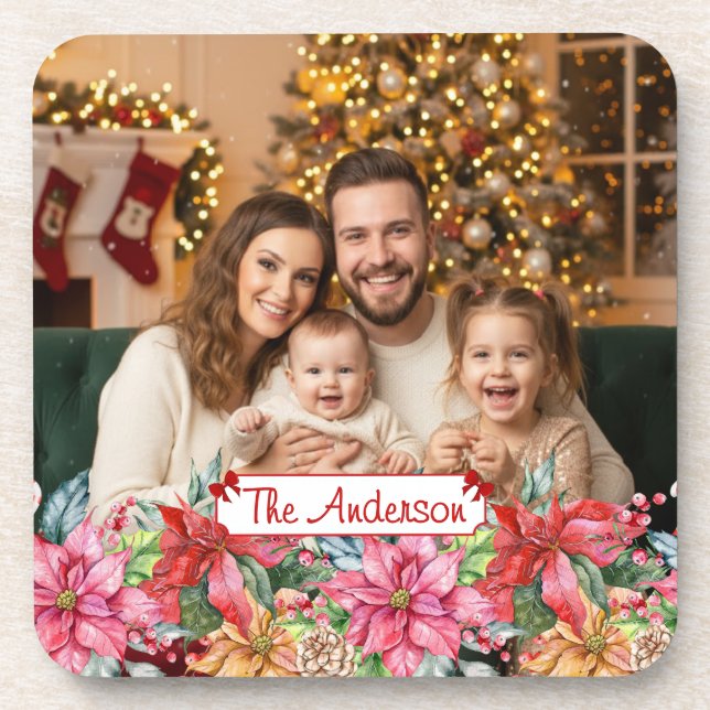 Elegant Poinsettia Floral Border Custom Photos Getränkeuntersetzer (Vorderseite)