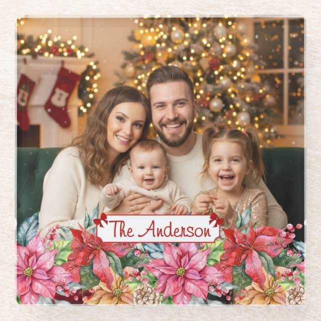 Elegant Poinsettia Floral Border Custom Photos Glasuntersetzer (Vorderseite)