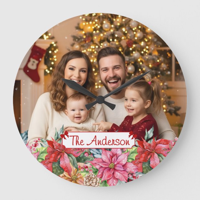 Elegant Poinsettia Floral Border Custom Photos Große Wanduhr (Vorderseite)