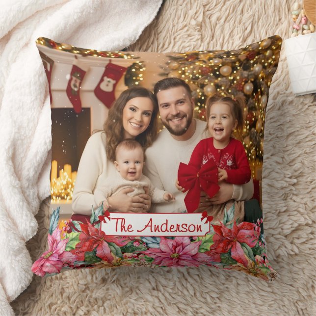 Elegant Poinsettia Floral Border Custom Photos Kissen (Decke)