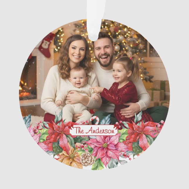 Elegant Poinsettia Floral Border Custom Photos Ornament (Vorderseite)