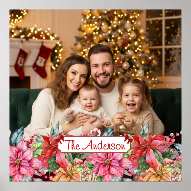 Elegant Poinsettia Floral Border Custom Photos Poster (Vorne)