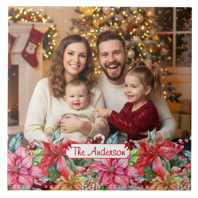 Elegant Poinsettia Floral Custom Photo Fliese (Vorderseite)