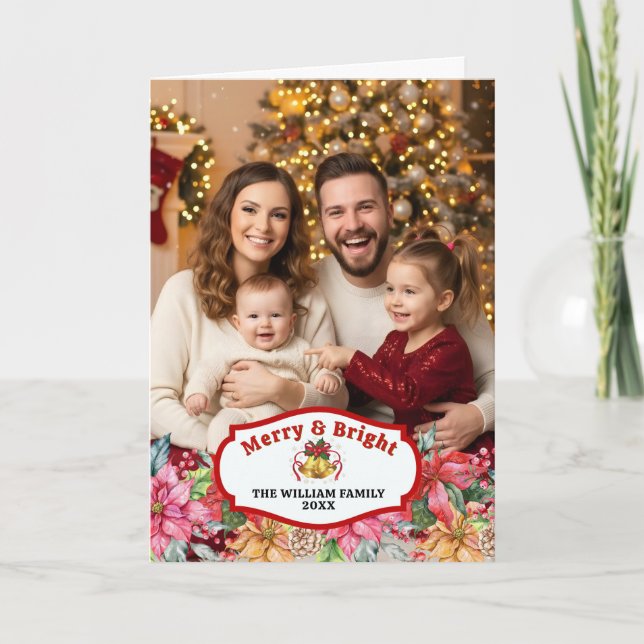 Elegant Poinsettia Floral Custom Photo Folded Karte (Vorderseite)