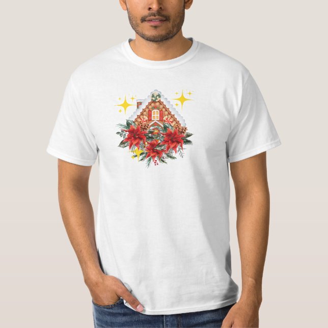 Elegant Poinsettia & Gingerbread House T-Shirt (Vorderseite)
