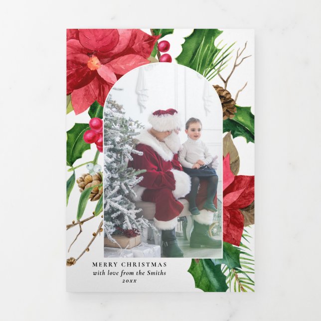 Elegant Poinsettia & Holly Arched Foto-White BG Dreifach Gefaltete Karte (Cover)