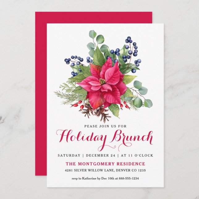 Elegant Poinsettia Roter Weihnachtsfest Brunch Einladung (Vorne/Hinten)