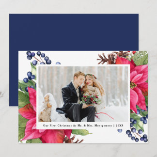 Elegant Poinsettia Unser erstes Weihnachts-Blue-Fo Feiertagskarte