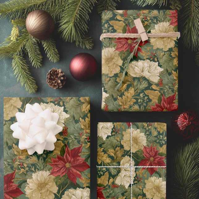 Elegant Poinsettia Vintage Weihnachten Geschenkpapier Set (Elegant Floral Christmas Gift Wrap)