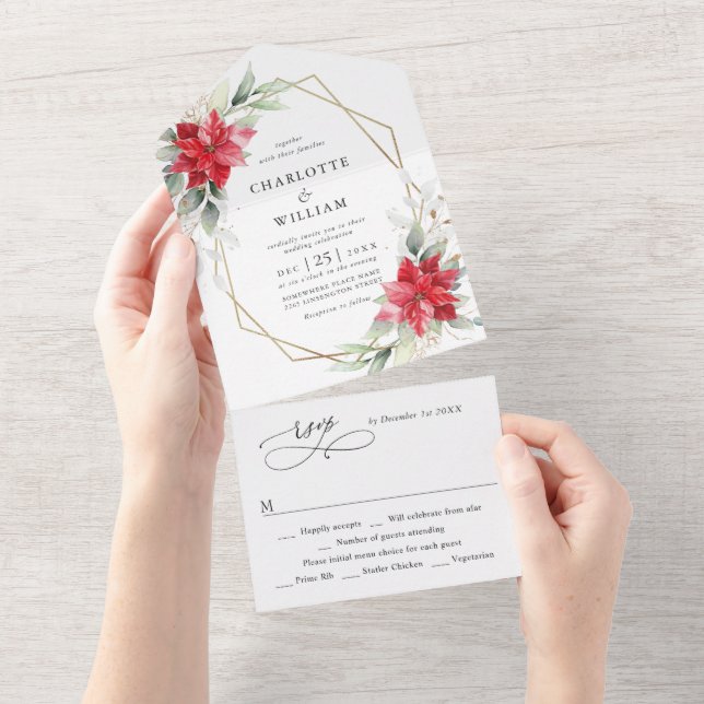 Elegant Poinsettia Winter Greenerity Wedding All In One Einladung (Abreißen)