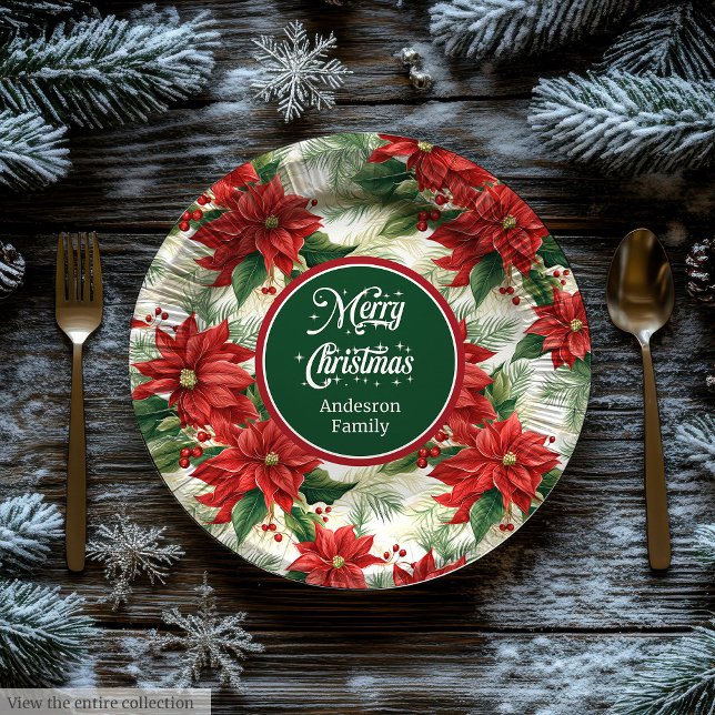 Elegant Poinsettia Wreath Christmas Party Plates  Pappteller (Elegant Poinsettia Wreath Christmas Party Plates )