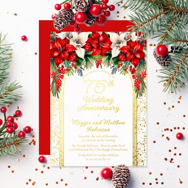 Elegant Poinsettias 75. Hochzeitstag Folieneinladung (Elegant Red and White Poinsettias Holiday "75th Wedding Anniversary" Party Gold Foil Invitation)