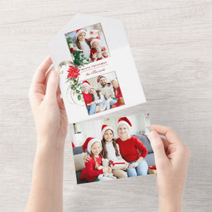 Elegant Poinsettias & Gold Scrolls 2-Foto All In One Einladung