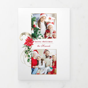 Elegant Poinsettias & Gold Scrolls 2-Foto Dreifach Gefaltete Karte