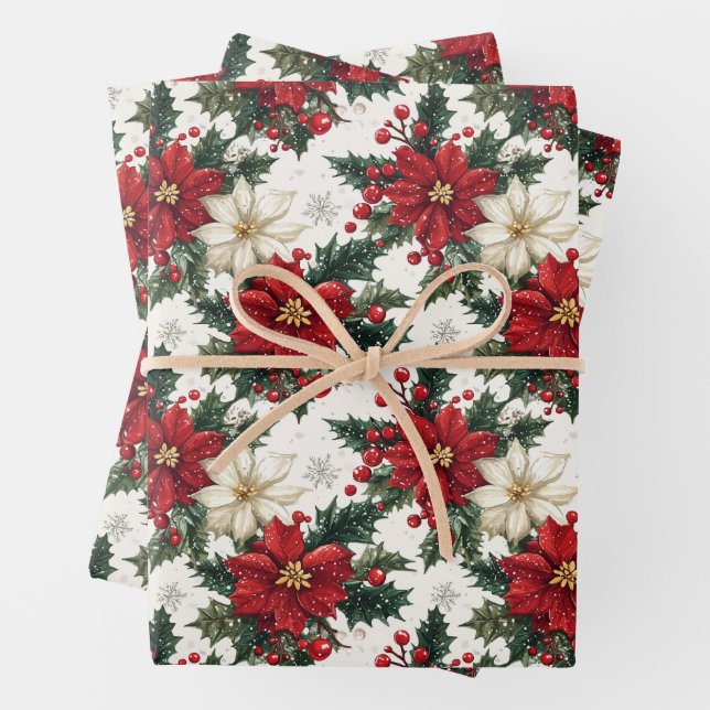 Elegant Poinsettias und Grün Geschenkpapier Set (Beispiel)