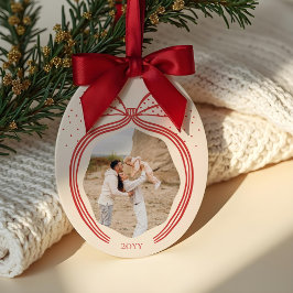 Elegant Polka Dot Christmas Bow Foto Keepake Keramik Ornament
