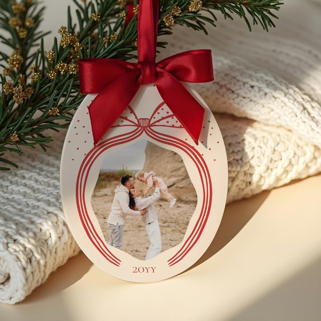 Elegant Polka Dot Christmas Bow Foto Keepake Keramik Ornament (Elegant Polka Dot Christmas Bow Photo Keepsake Ceramic Ornament)