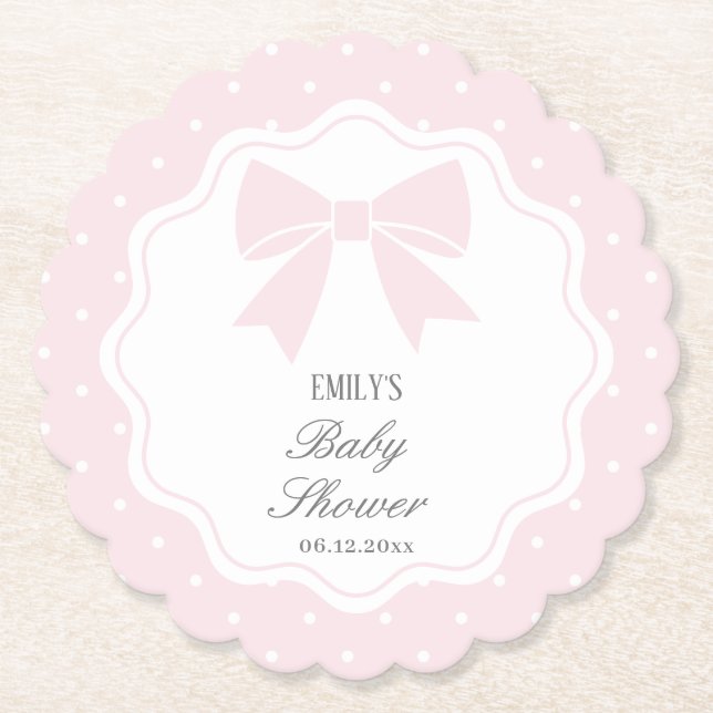 Elegant Polka Dots Baby Pink Bow Baby Girl Shower Untersetzer (Vorderseite)