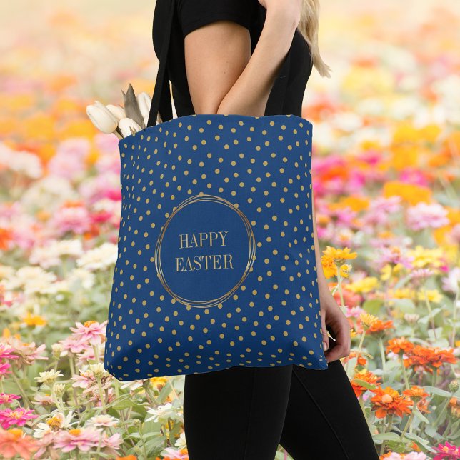 Elegant Polka Dots Christlich Happy Easter Hunt (Elegant Blue Gold Polka Dots Christian Catholic Happy Easter Egg Hunt Tote Bag)