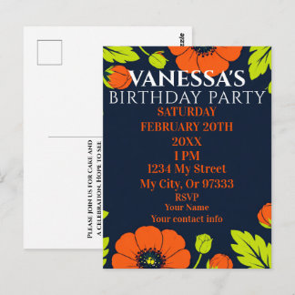Elegant Poppies Black Birthday Invitation Postkarte