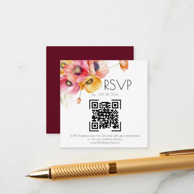 Elegant Poppies Floral QR Code Wedding RSVP  Begleitkarte (Vorderseite/Rückseite Beispiel)