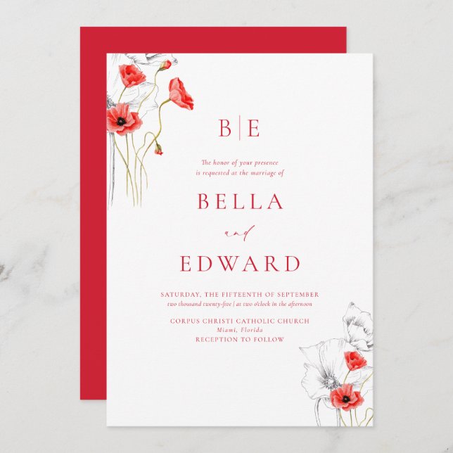 Elegant Poppy Red Monogram Floral Formal Wedding Einladung (Vorne/Hinten)
