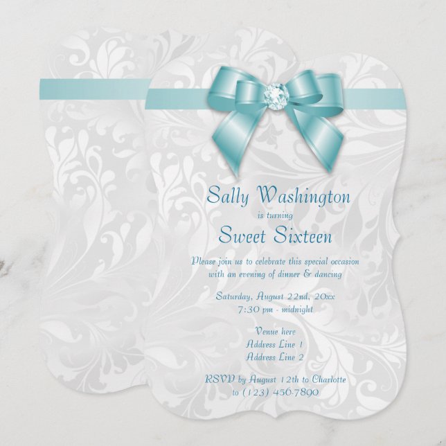 Elegant Posh Diamond Bow & Damask Sweet 16 Einladung (Vorne/Hinten)