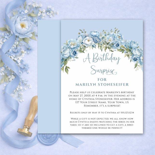 Elegant Powder Blue Peony Floral Birthday Surprise Einladung (Von Creator hochgeladen)