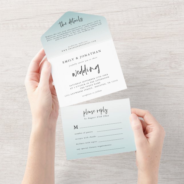 Elegant Powder Blue Tint Script Wedding All In One Einladung (Abreißen)