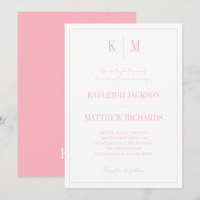 Elegant Powder Pink Monogram Wedding  Einladung (Vorne/Hinten)
