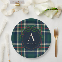 Elegant Preppy Plaid Monogram Christmas Pappteller