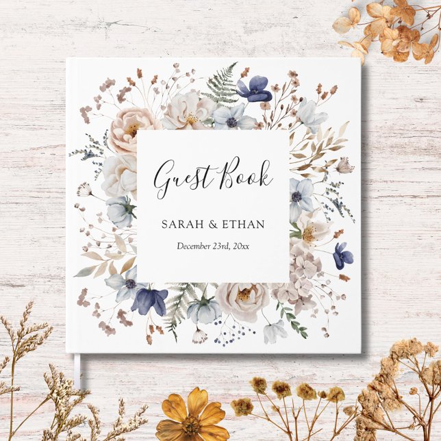 Elegant Pretty Beige Blue Flowers Floral Wedding Gästebuch (In situ)