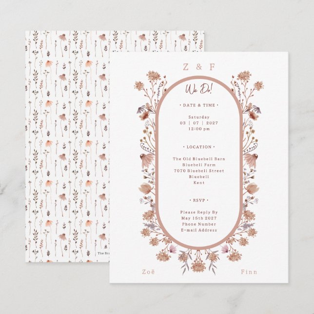 Elegant Pretty Floral Botanical Wedding Invitation Mitteilungskarte (Vorne/Hinten)