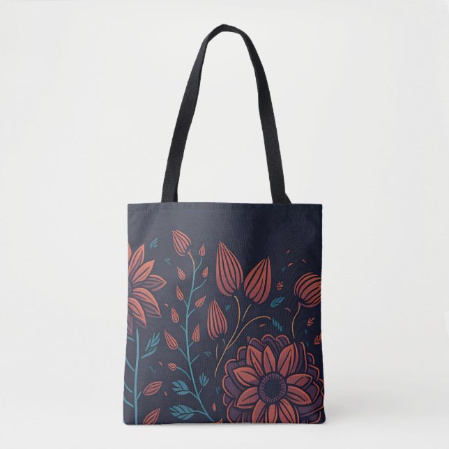 Elegant Pretty Modern Red and Blue Dark Floral Art (Vorderseite)