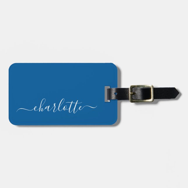 Elegant Primary Blue Script Name Personalisiert Gepäckanhänger (Vorderseite horizontal)