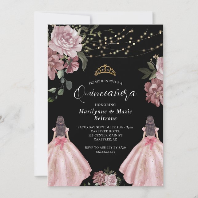 Elegant Princess Floral Twins Quinceañera Einladung (Vorderseite)