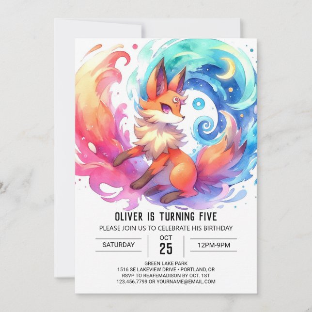 Elegant Printable Fox Birthday Einladung (Vorderseite)