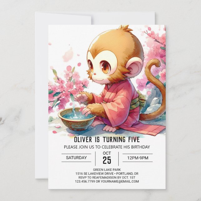 Elegant Printable Monkey Birthday Einladung (Vorderseite)