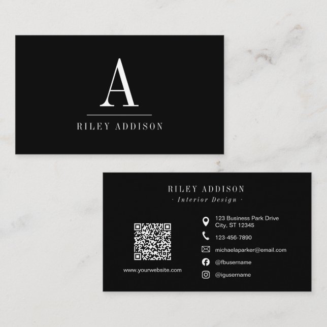 Elegant Professional Monogram Minimalist Black  Visitenkarte (Vorne/Hinten)