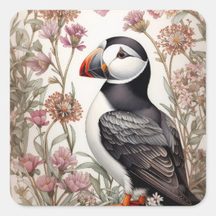 Elegant Puffin William Morris Inspiriert Quadratischer Aufkleber
