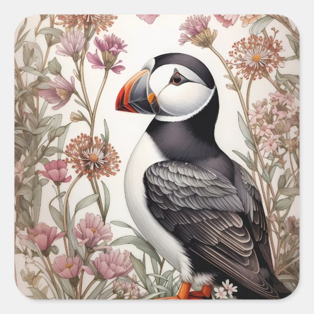 Elegant Puffin William Morris Inspiriert Quadratischer Aufkleber (Vorderseite)
