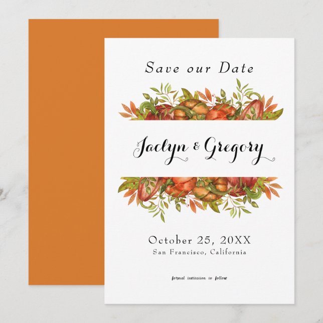 Elegant Pumpkin Autumn Florals Fall Save The Date (Vorne/Hinten)