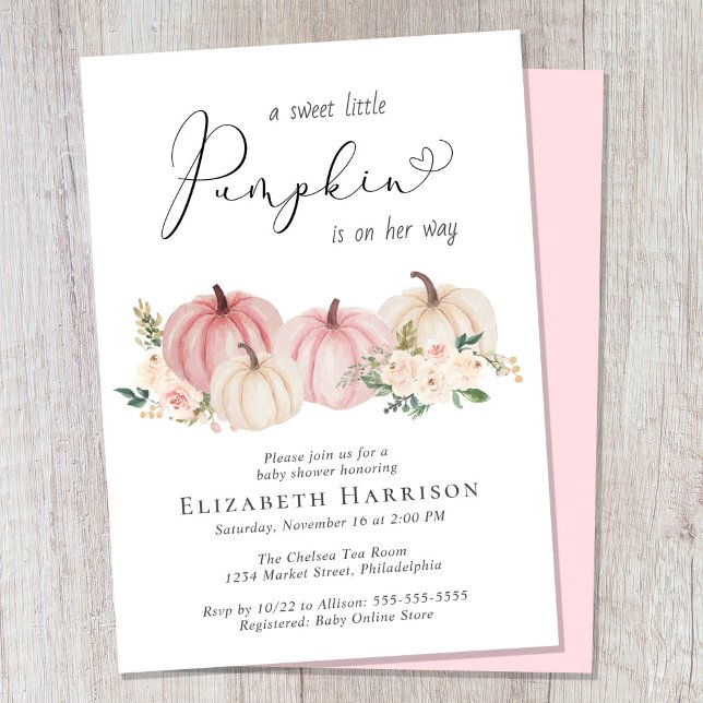 Elegant Pumpkin Floral Baby Girl Shower Einladung (Celebrate the upcoming arrival of your sweet little autumn baby with a pumpkin-themed baby shower)