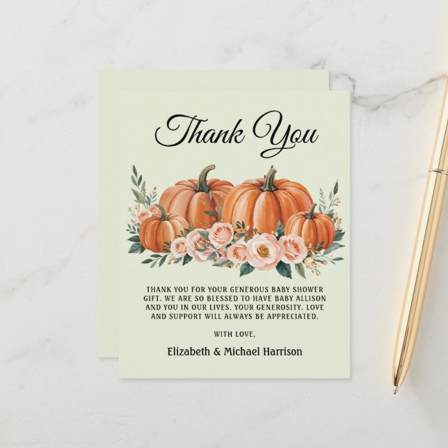 Elegant Pumpkin Floral Baby Shower Danke Karte (Vorderseite/Rückseite Beispiel)